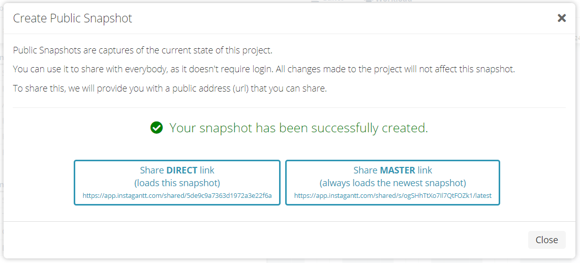 Scegli tra Link diretto e Master Link quando condividi uno snapshot Gantt pubblico