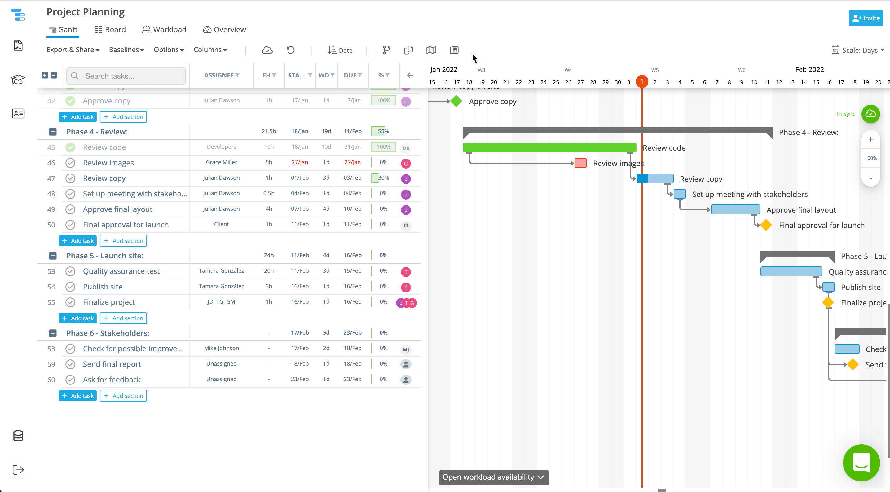 Benutzer wechselt im Gantt-Chart von Instagantt zwischen Tagesansicht und Wochenansicht, um die Skalierung der Projekt-Zeitachse anzupassen.