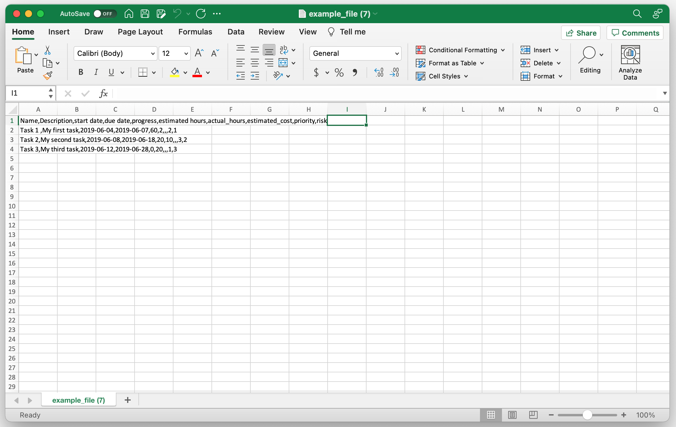 Instagantt CSV-Importvorlage zur Erstellung von Gantt-Charts in Microsoft Excel angezeigt.