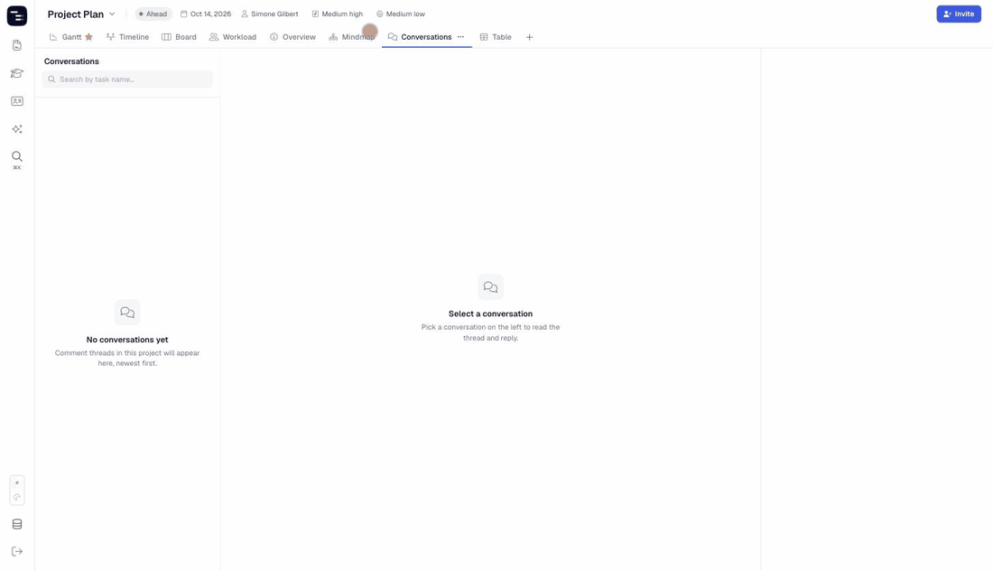 Replying to a task conversation in Instagantt’s Conversations View, mentioning a teammate and searching conversations by task name