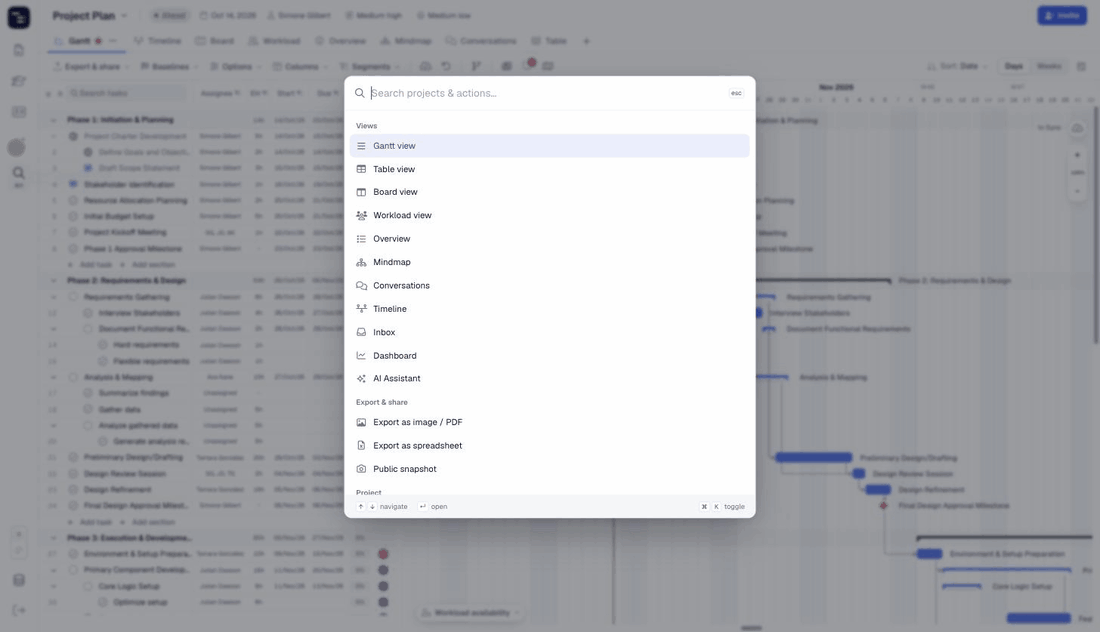 Using Instagantt Search & Commands: opening it from the left sidebar, searching for projects across workbooks and switching to Timeline View from the results